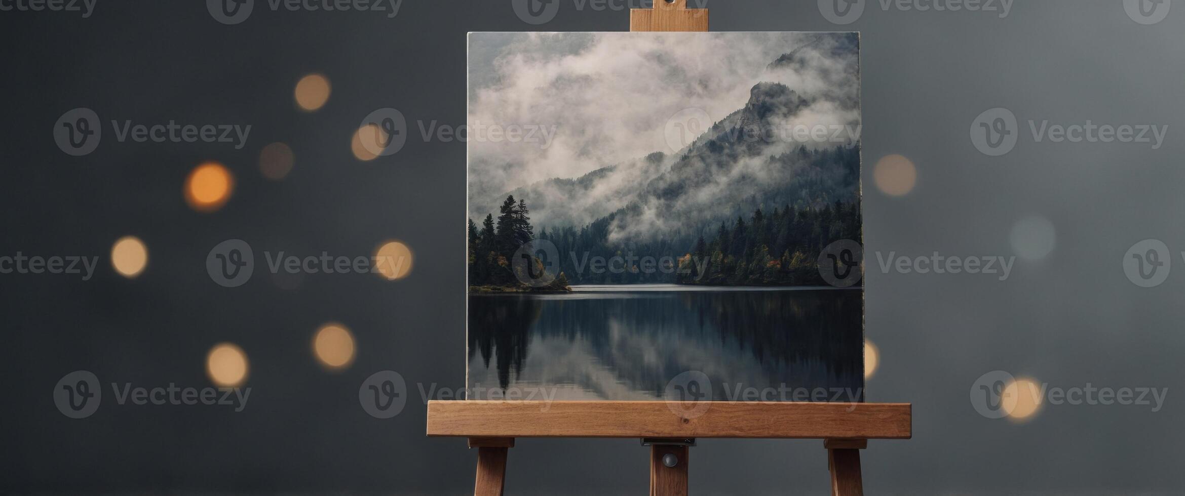 Artistic easel with framed picture on gray background tripod mounted info frame. photo