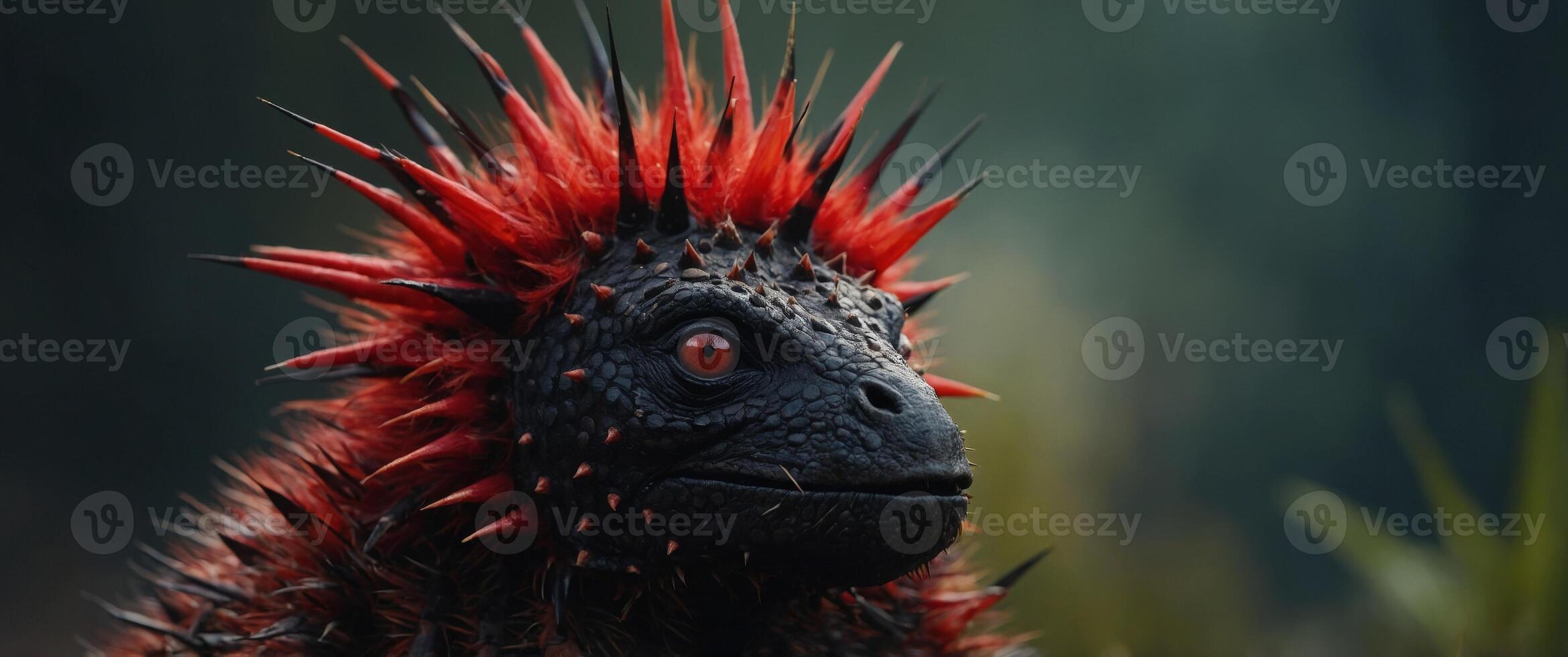 An red and black creature with a face and a bunch of spikes. photo