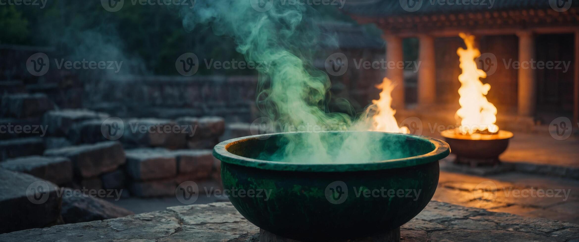 Mystical Cauldron Emitting Green Smoke in Ancient Temple at Dusk. photo