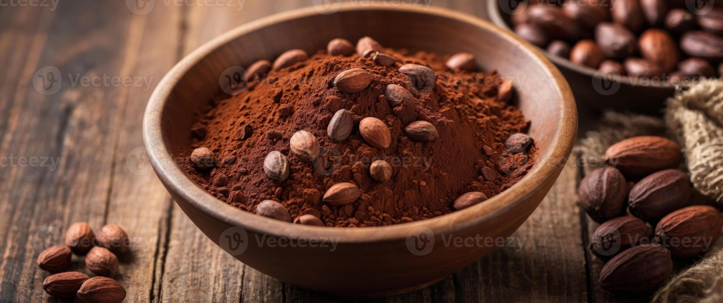 Cocoa powder in a bowl and cocoa beans on wooden background. photo