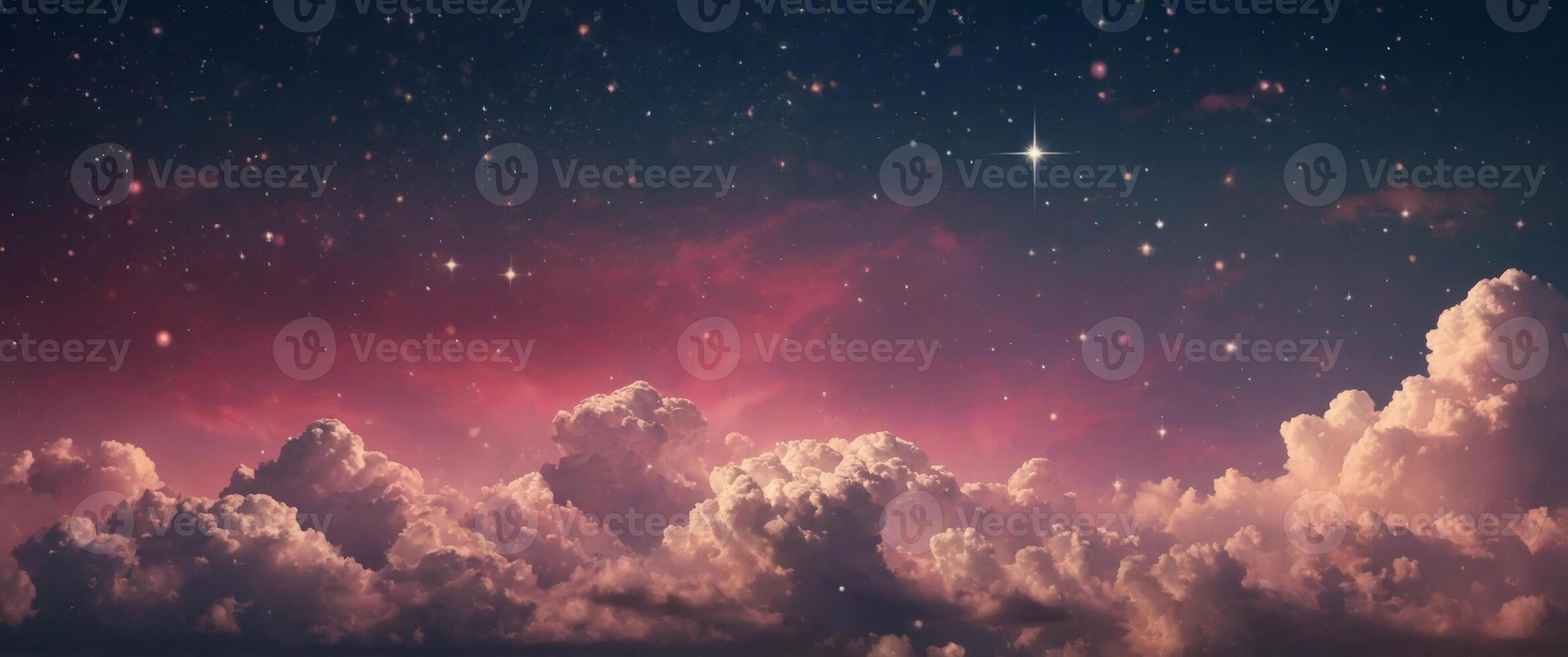 Magical pink clouds with stars background. photo