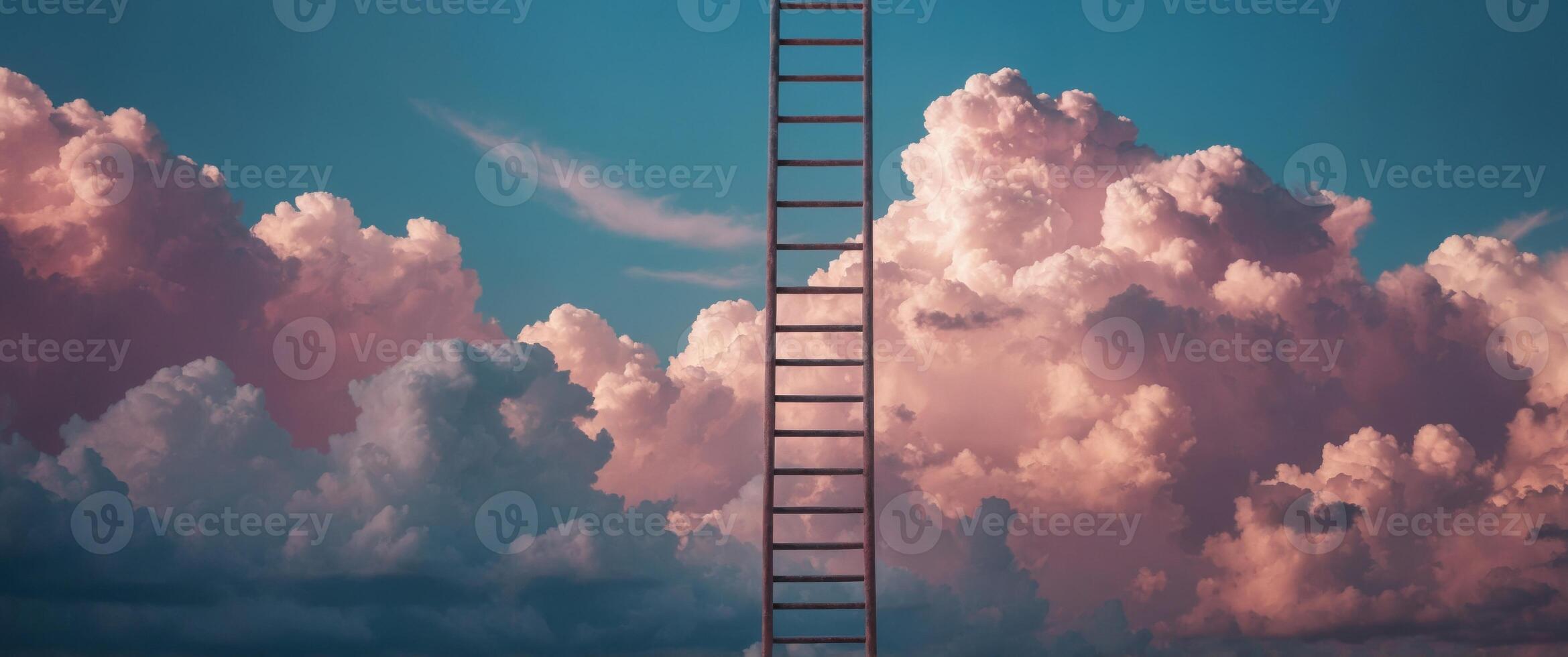 Ladder reaching towards a fluffy pink and blue cloud. photo