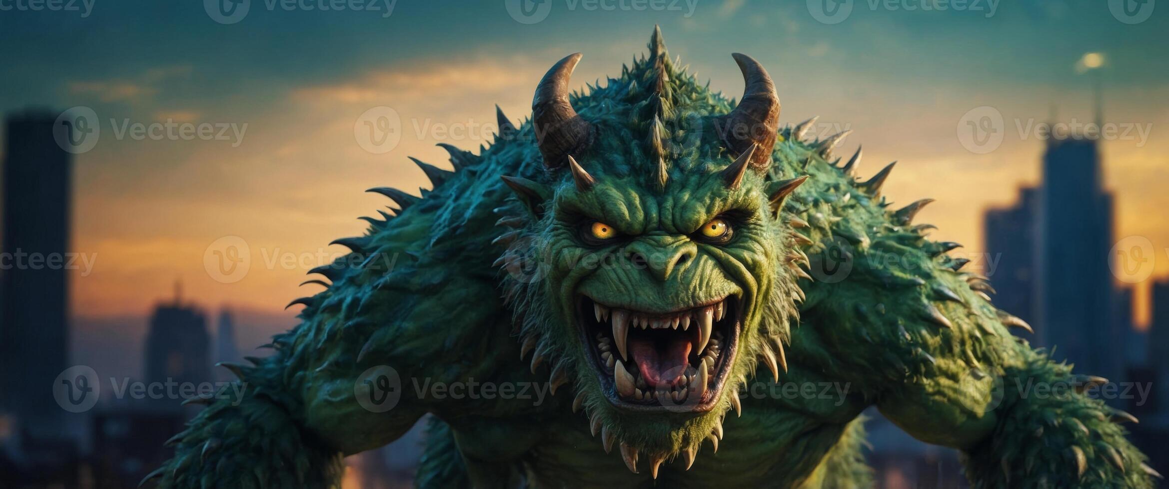 Angry Green Monster with Sharp Teeth and Claws. photo