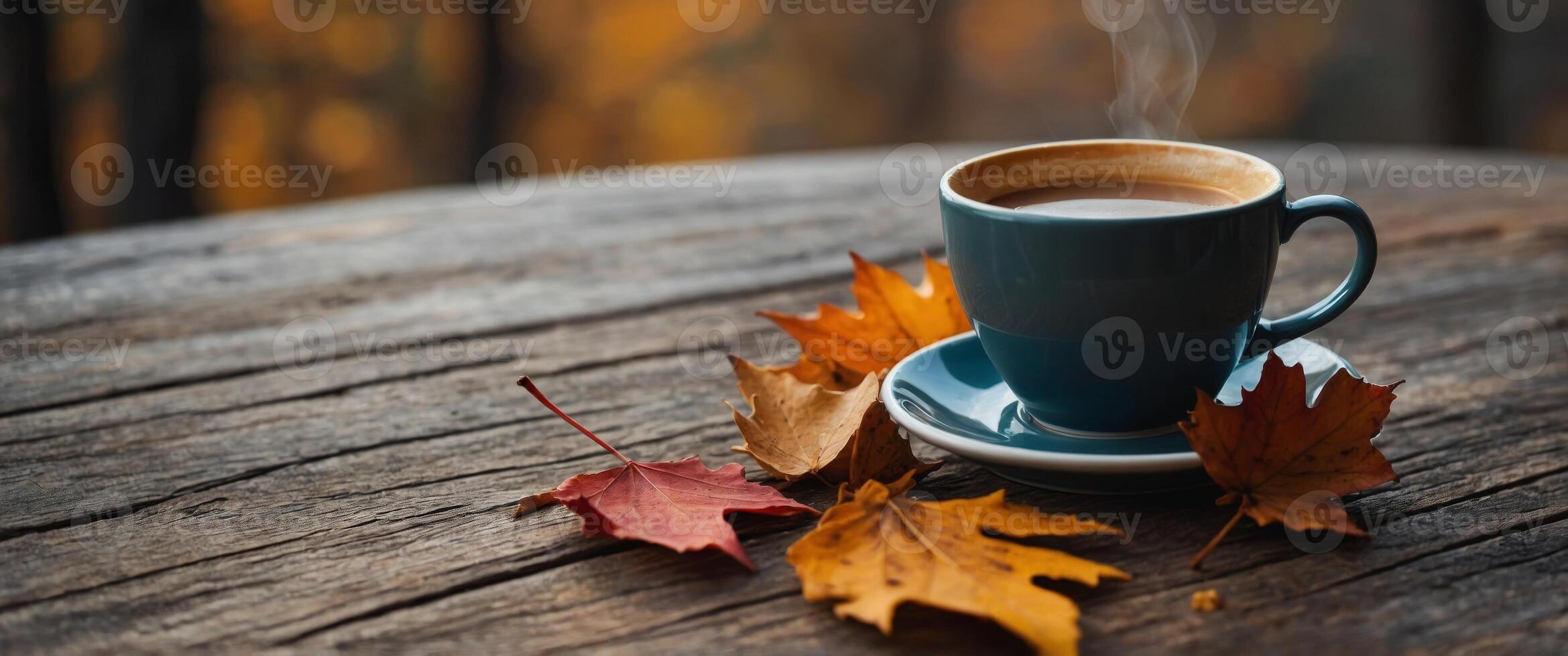 Cozy Autumn Coffee Break on a Rustic Wooden Table with Fallen Leaves. photo