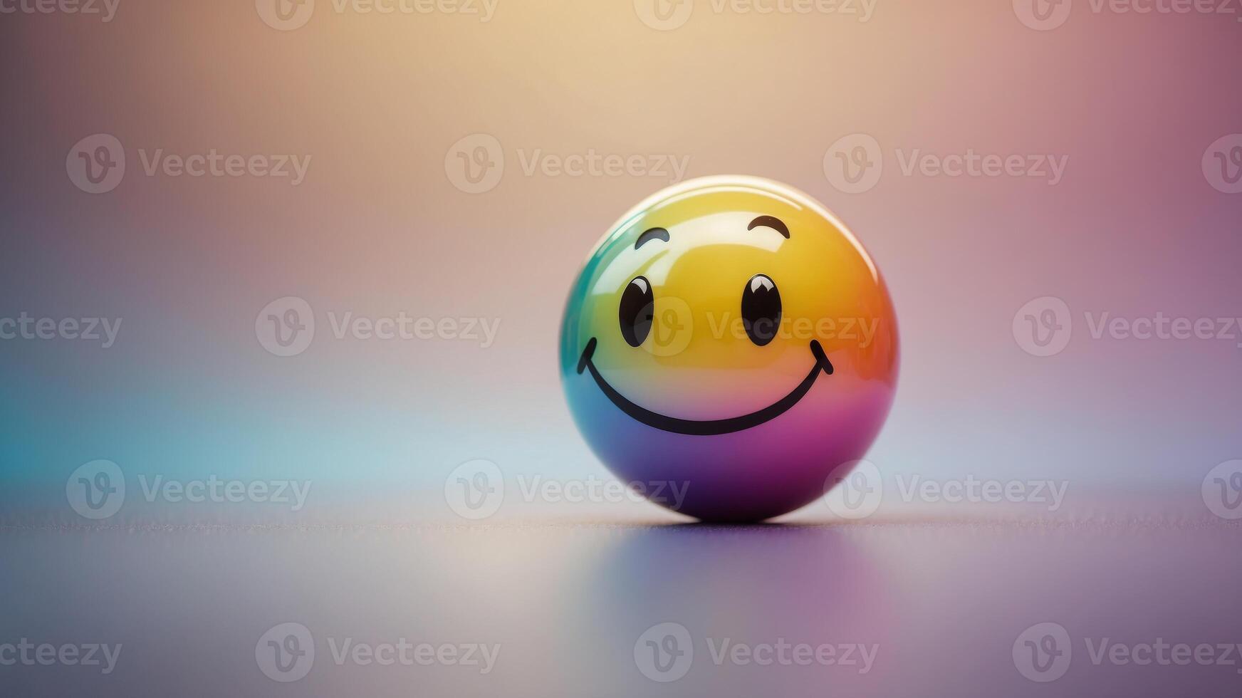 Colorful iridescent smiley face sphere on a soft gradient background. photo