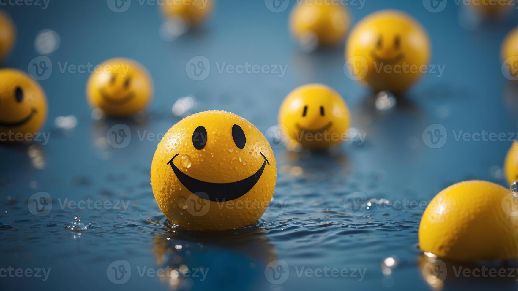Yellow Smiley Face Ball on Blue Wet Surface with Creative Splash Effect. photo