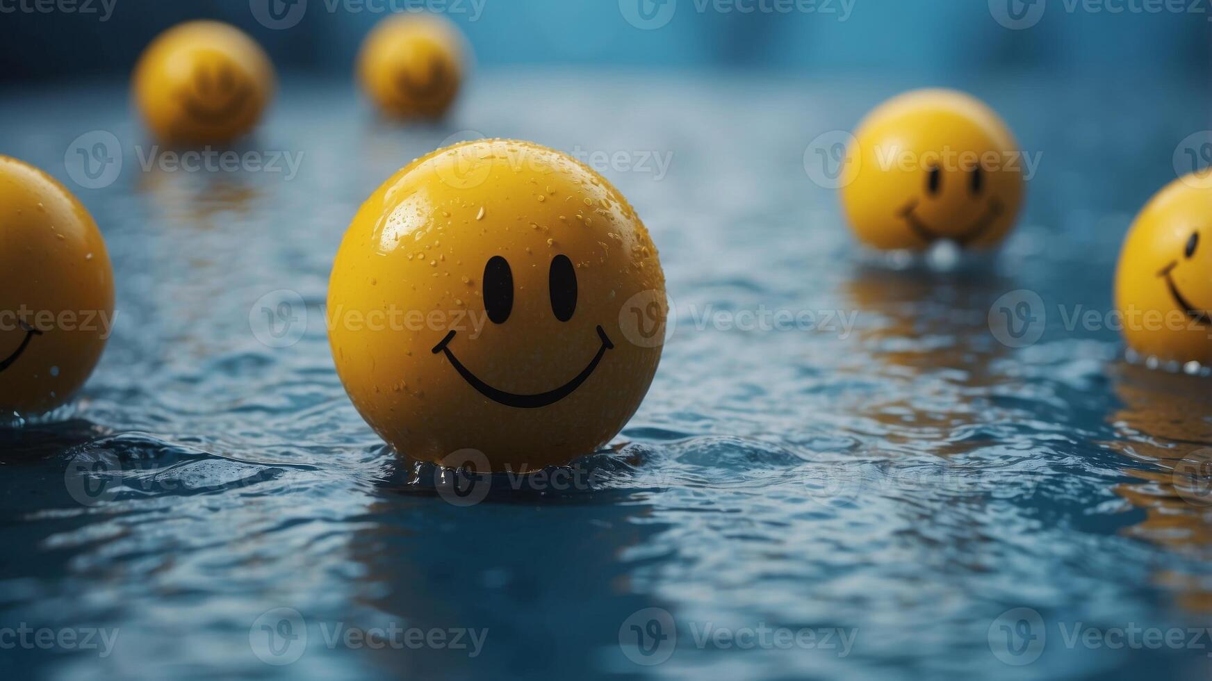 Yellow Smiley Face Ball on Blue Wet Surface with Creative Splash Effect. photo
