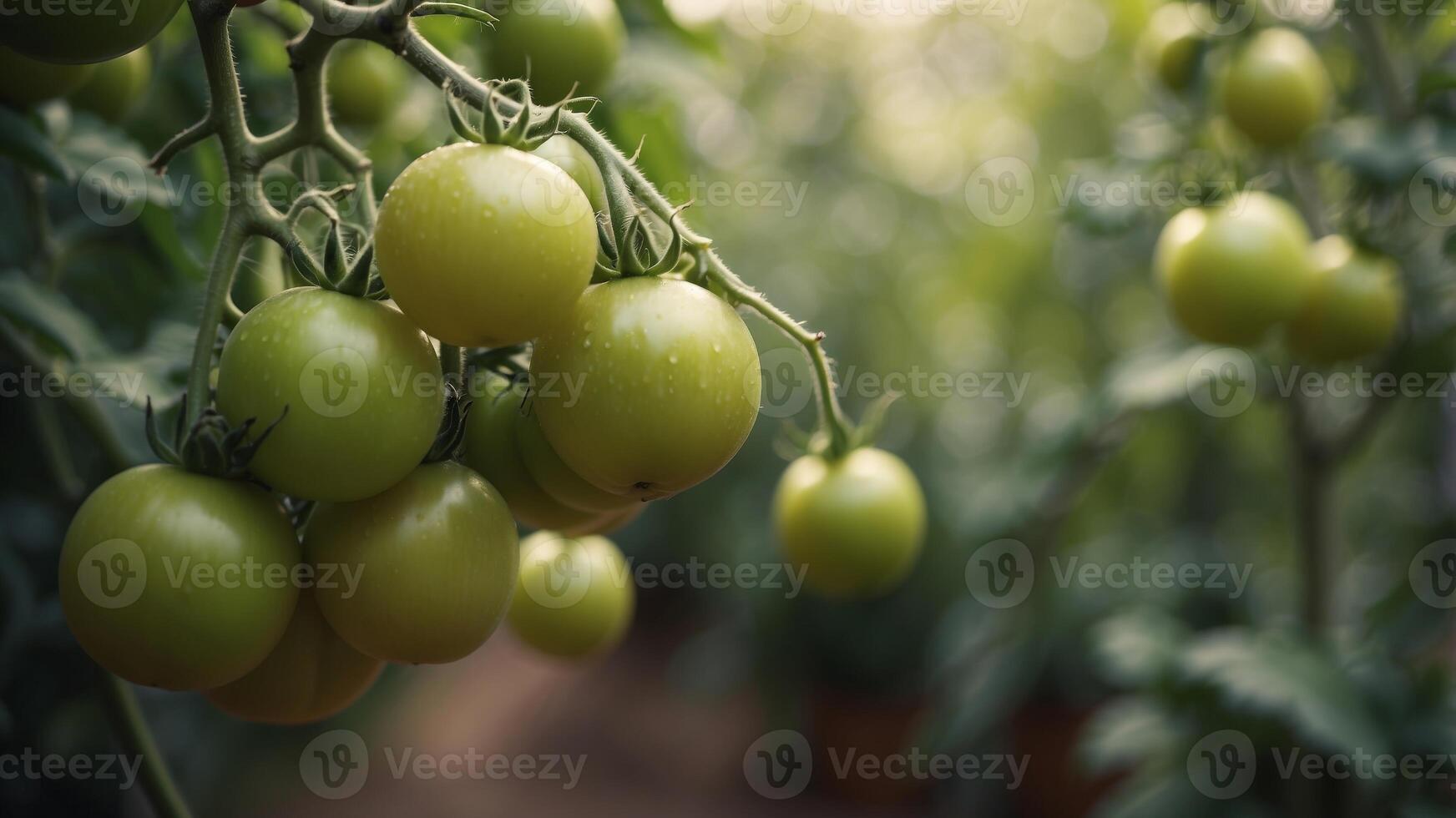 Closeup shot of Green tomatoes growing in the garden. photo