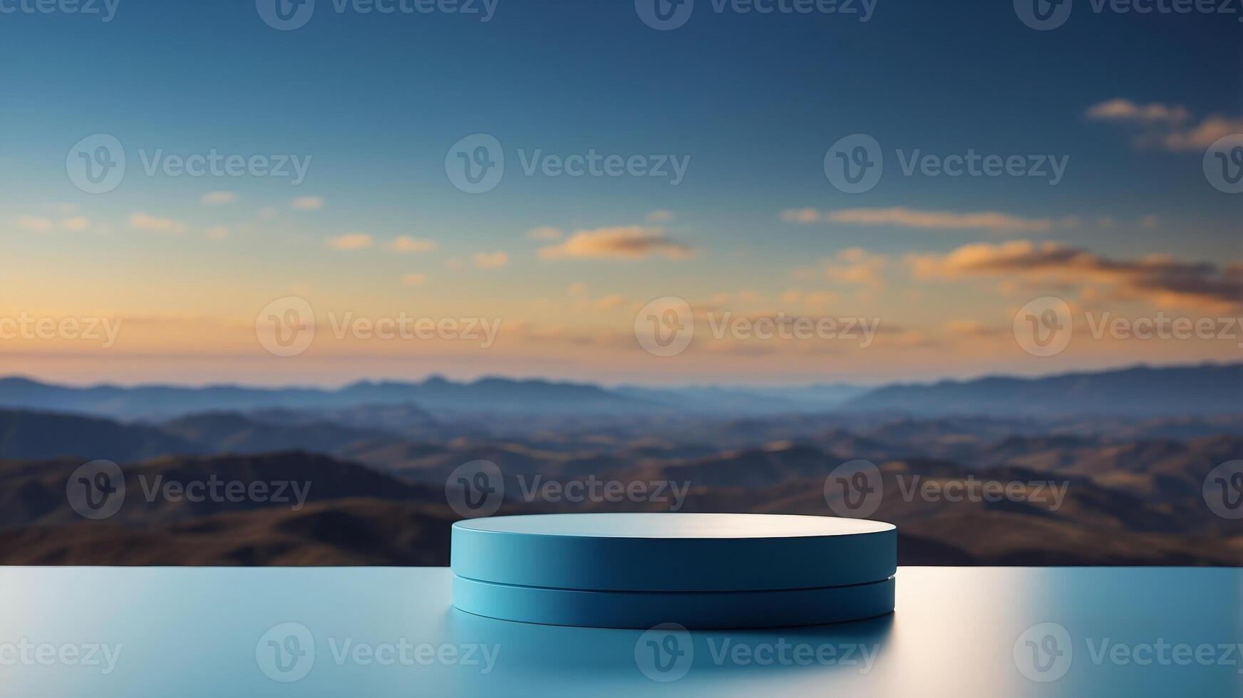 Empty pedestal display on blue background with stand for product show or presentation. photo