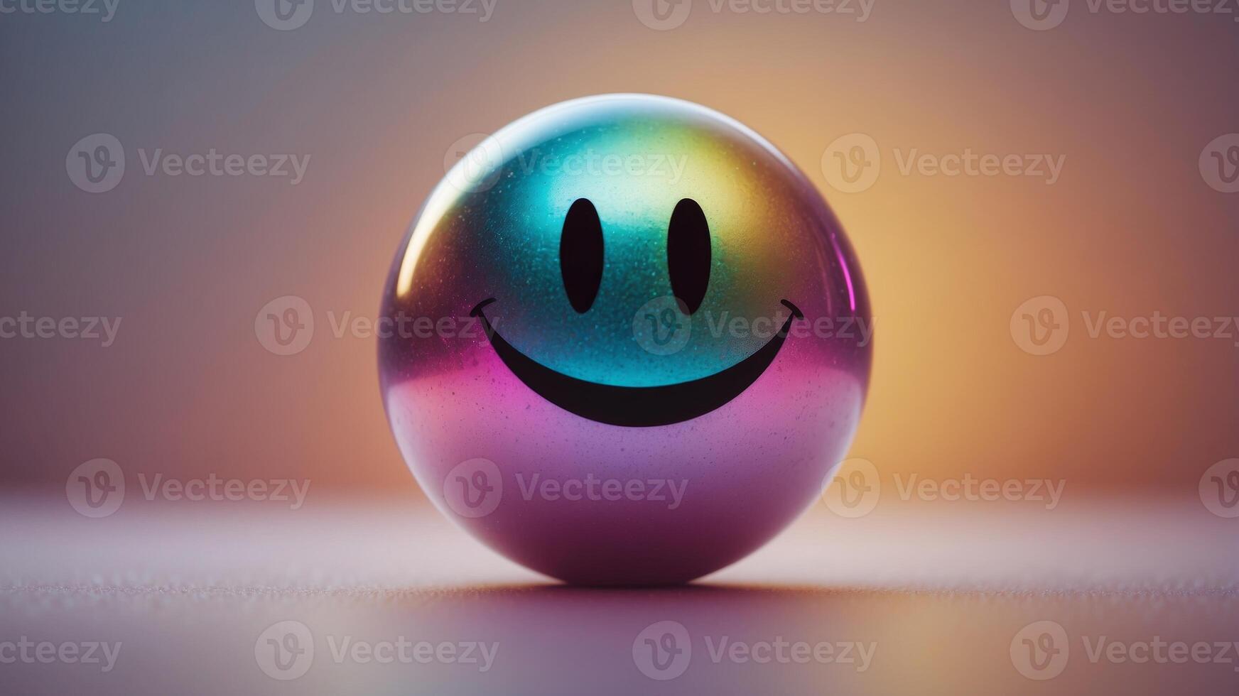 Colorful iridescent smiley face sphere on a soft gradient background. photo