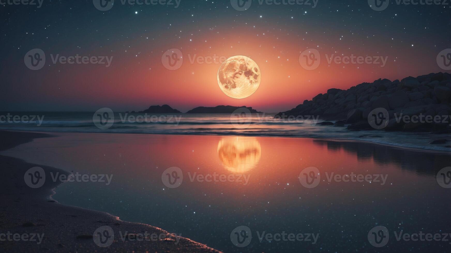 Tranquil Full Moon Seascape with Glowing Horizon and Starry Sky. photo