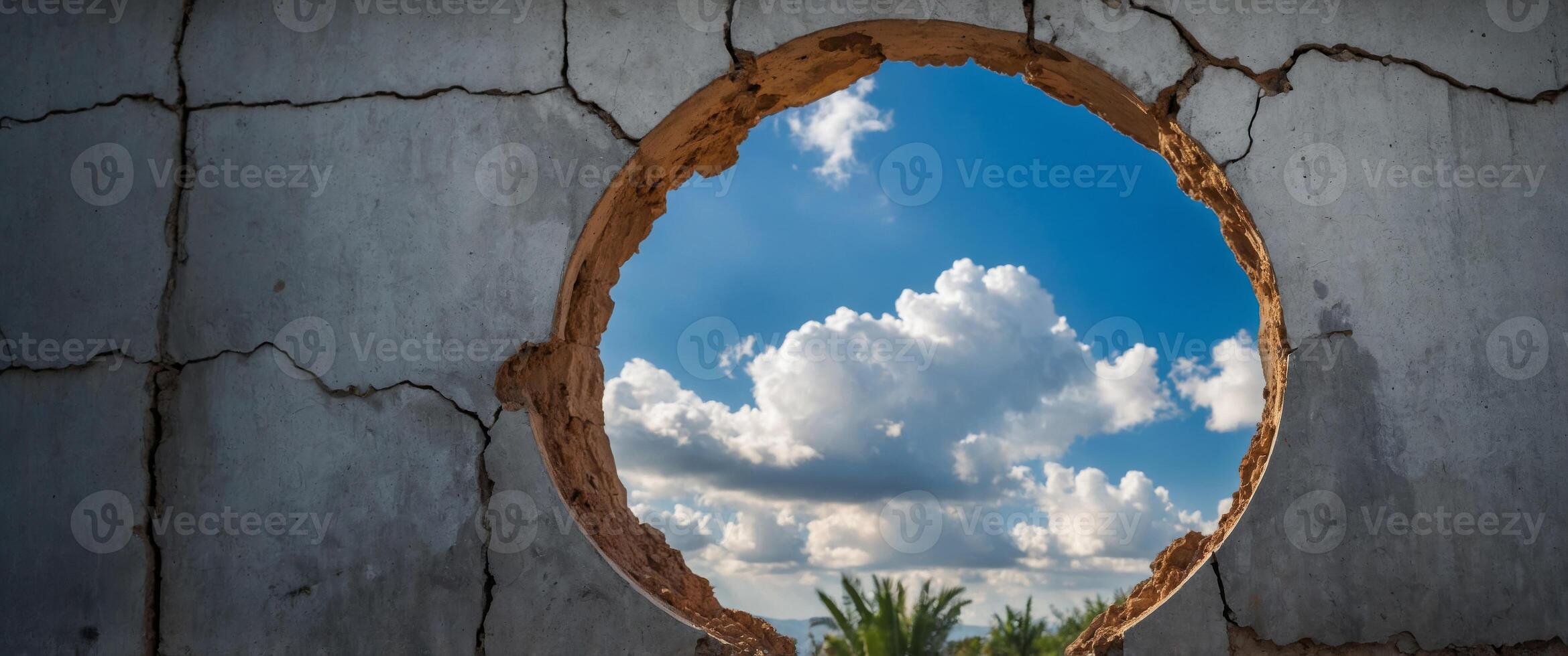 Hole in concrete wall with view of blue sky and clouds. photo