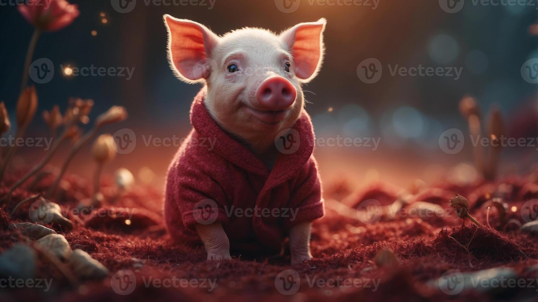 Charming Piglet in Cozy Red Velvet Ambiance. photo