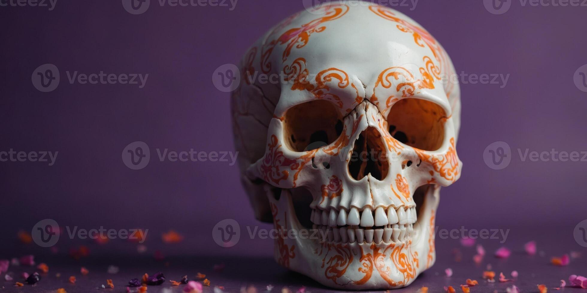 A white skull with orange and pink designs on it is on a purple background. photo