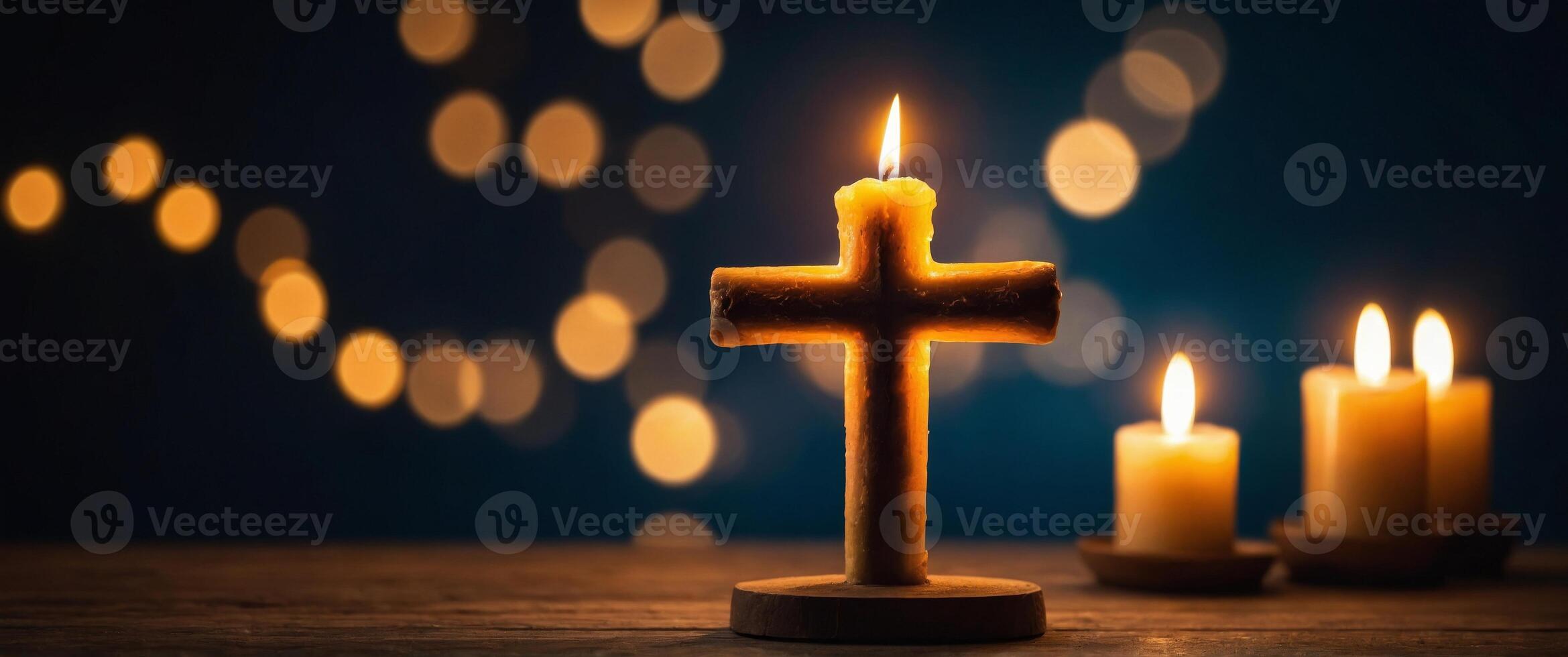 Glowing Candle Cross in Serene Atmosphere Spiritual Concept with Warm Lighting. photo