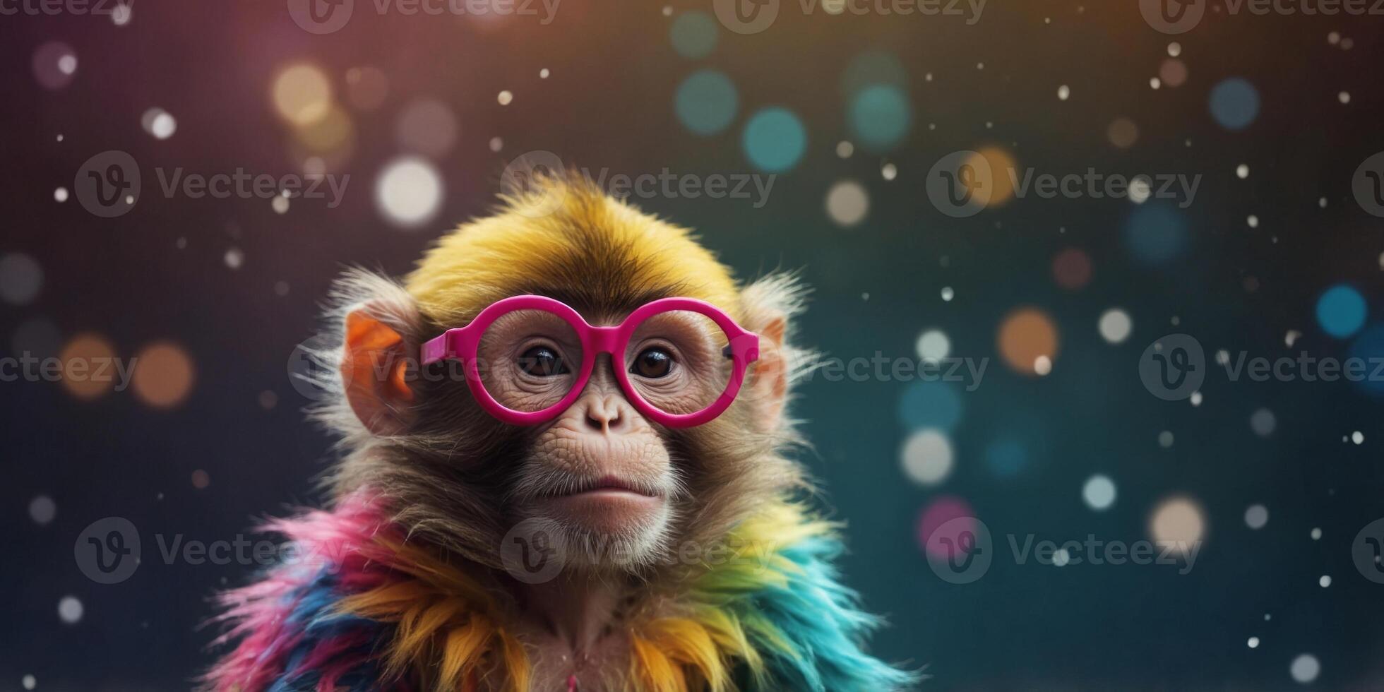 A Playful Monkey in Trendy Glasses and Colorful Outfit. photo