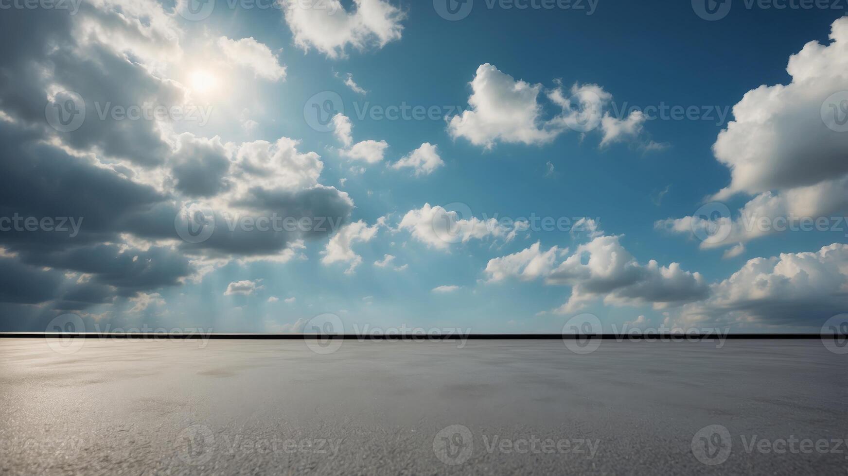 Heavenly Blue Sky Background with Beautiful Weather Clouds and Empty Gray Asphalt Floor. photo
