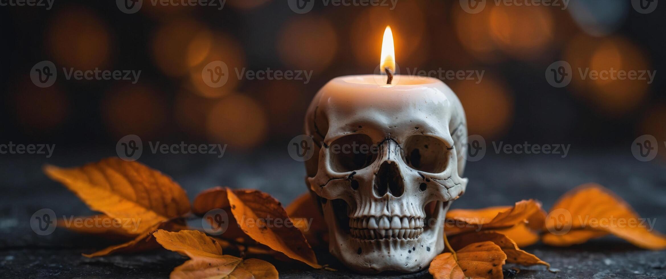 A candle with a skull on it is lit in front of a bunch of orange leaves. photo
