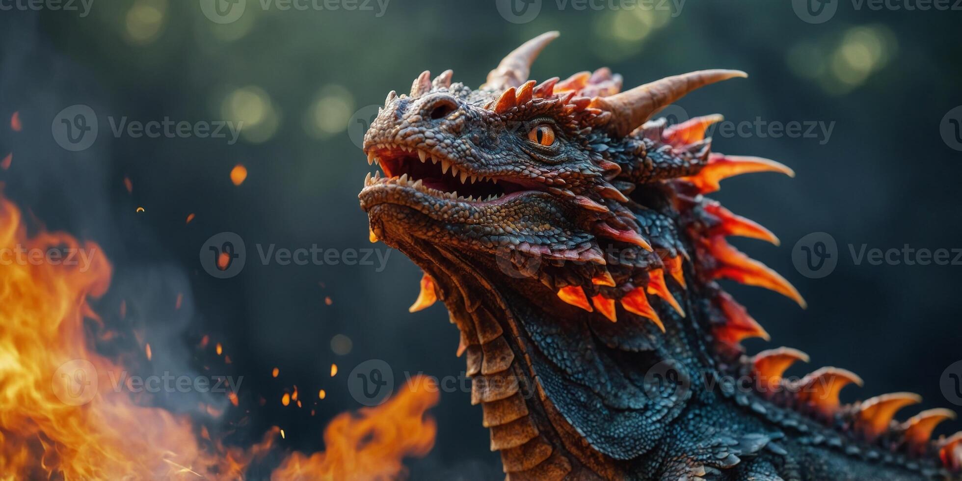 A dragon is breathing fire from its mouth. photo
