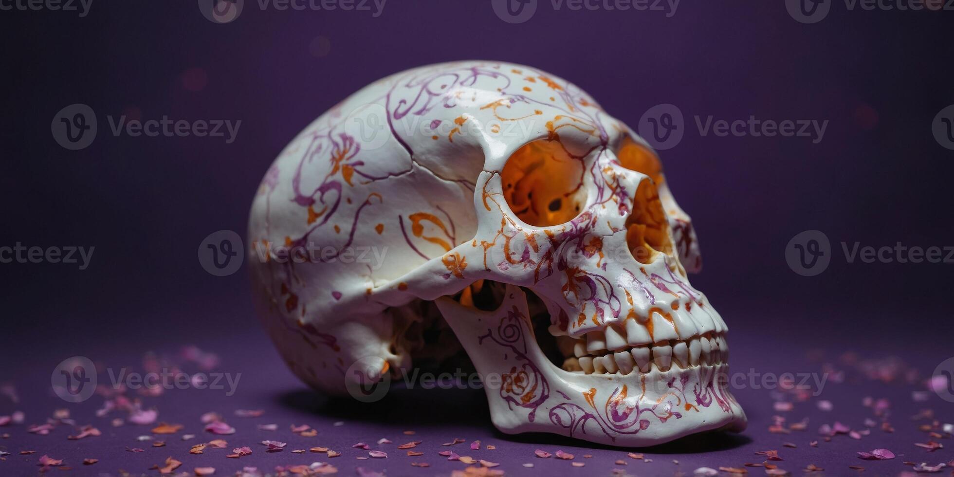 A white skull with orange and pink designs on it is on a purple background. photo