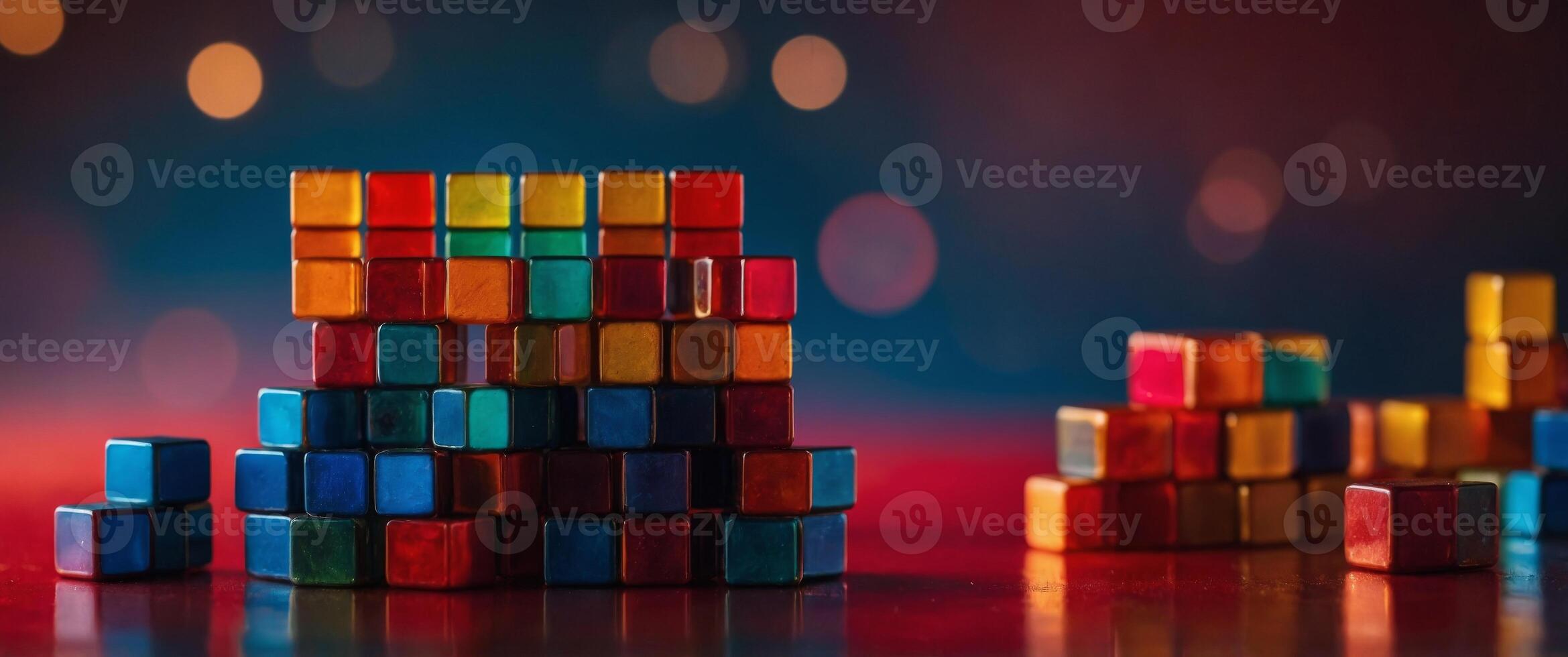Stacked colorful cubes on red background. photo