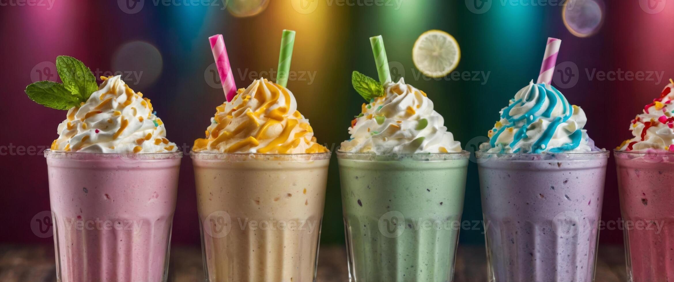 various colorful fresh milkshake background. photo
