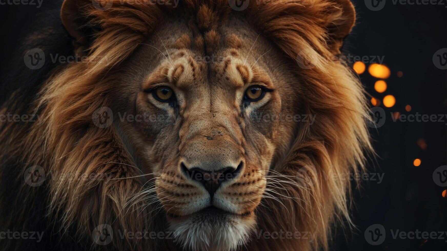 Tattoo of a lion face on black background. photo