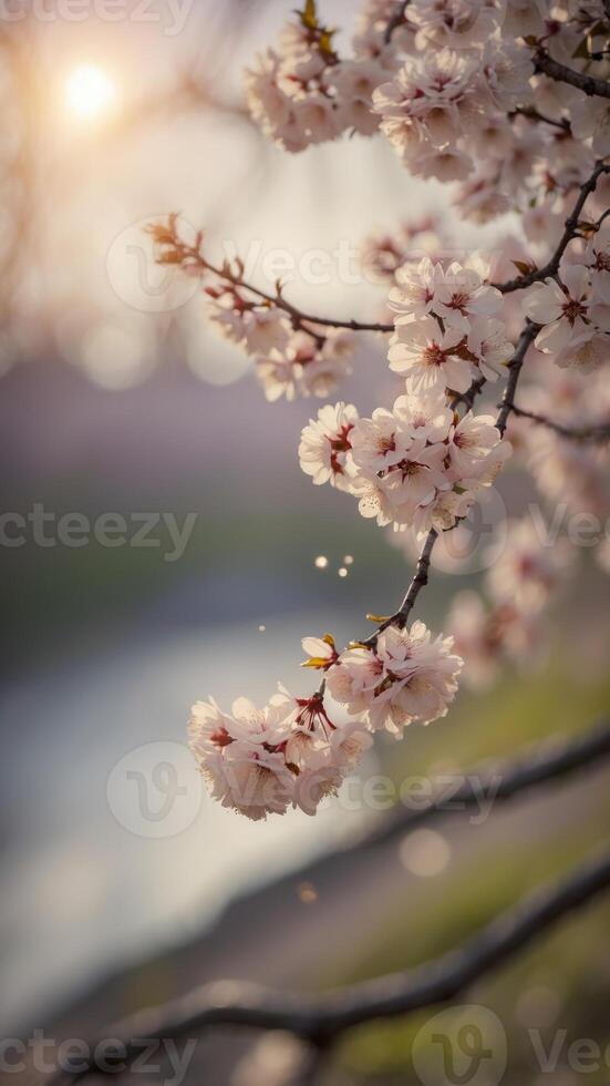 Tranquil Spring Landscape with Cherry Blossoms. photo