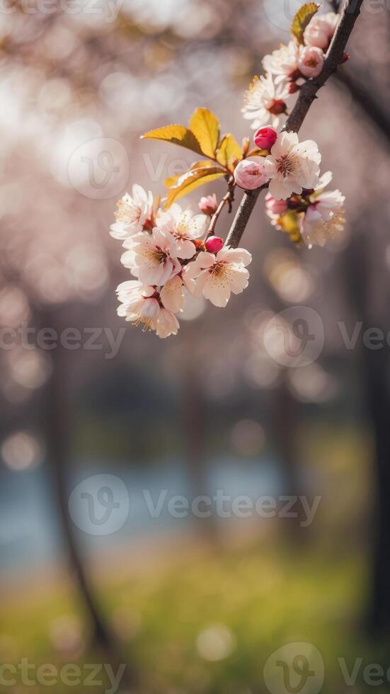 Tranquil Spring Landscape with Cherry Blossoms. photo