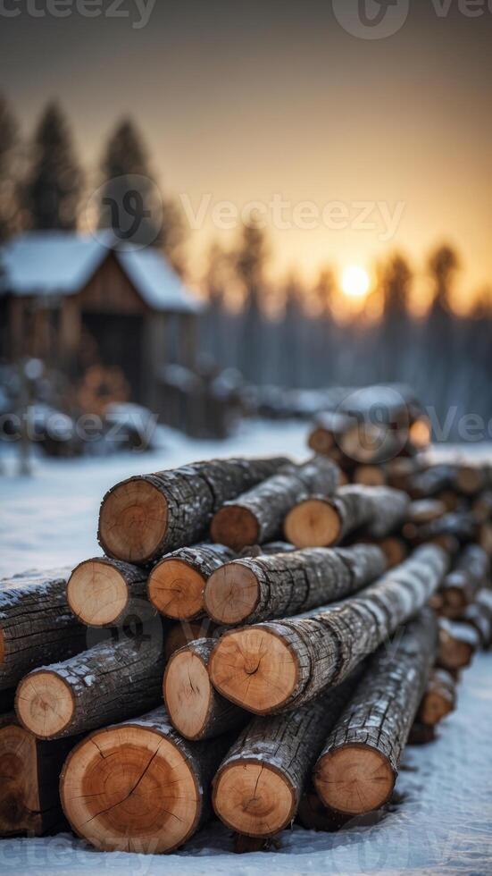 Rugged Lumber Mill Processing Timber in Winter Landscape. photo