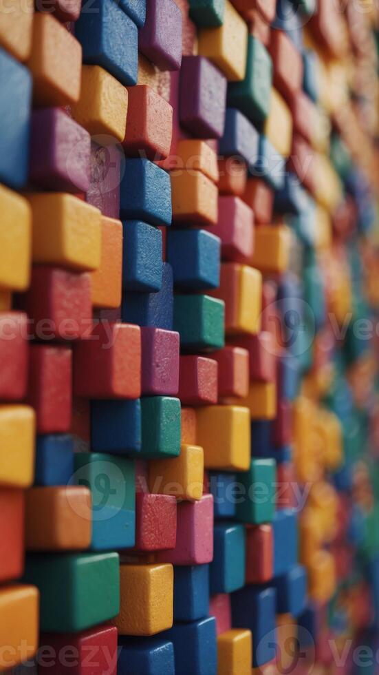 An colorful wall with squares of different colors. photo