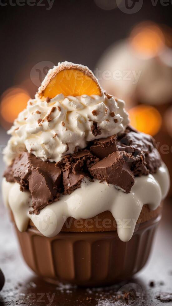 Cozy Winter Dessert of Chocolate Ice Cream with Whipped Cream Topping and Festive. photo