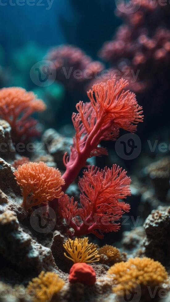 Close up of a beautiful red tropical coral reef deep under the sea. photo