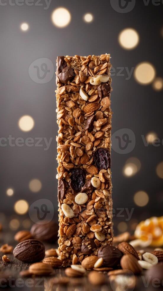 Close up of Chocolate Coated Crunchy Granola Bar with Visible Nuts and Dried Fruit. photo