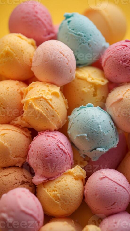 Colorful ice cream scoops on yellow and pink background. photo