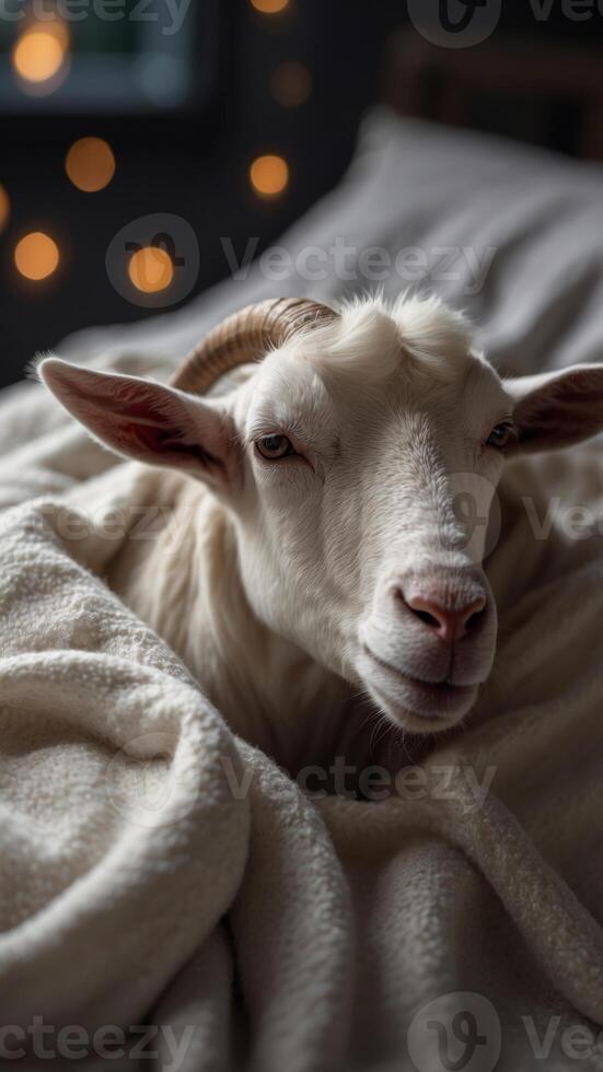 a white goat is laying in bed with a blanket. photo