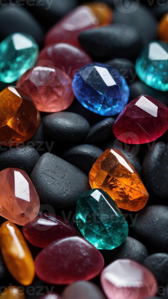 gemstones on a black colorful and magical stones background. photo