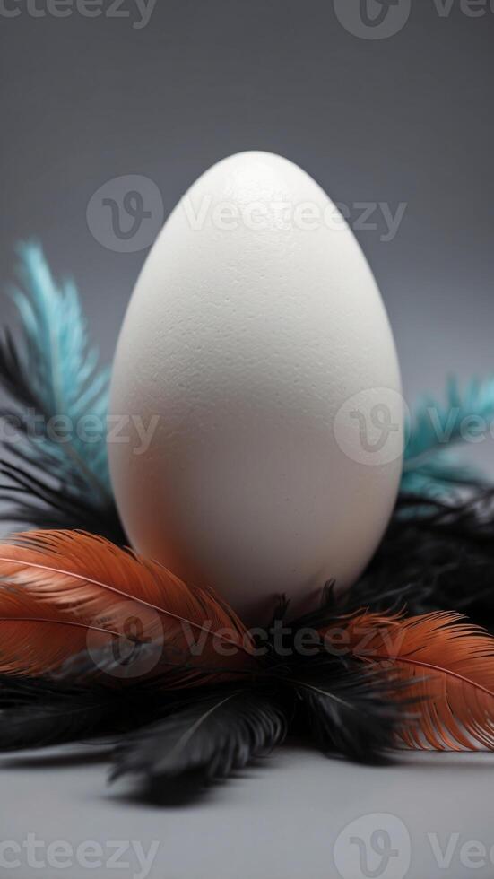 A white egg with feathers on a black background. photo