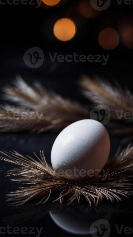 A white egg with feathers on a black background. photo