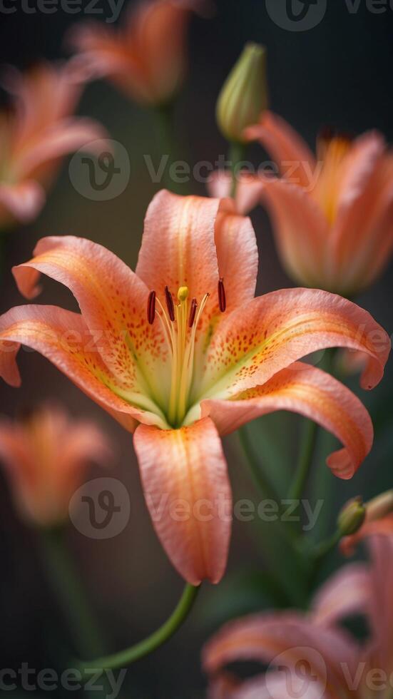 a long and thick lily with a gradient of pink and orange petals blooming in nature. photo
