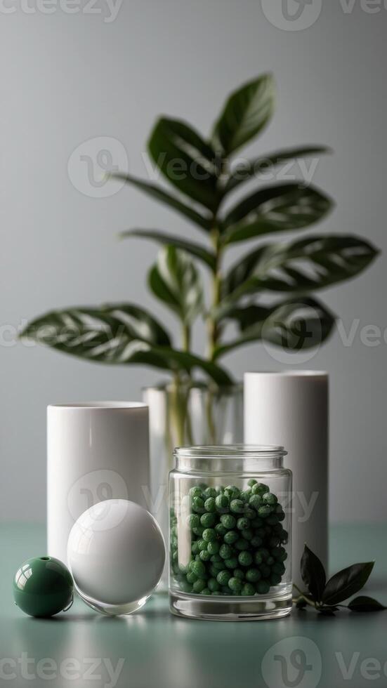 Minimalist Green and White Product Display. photo