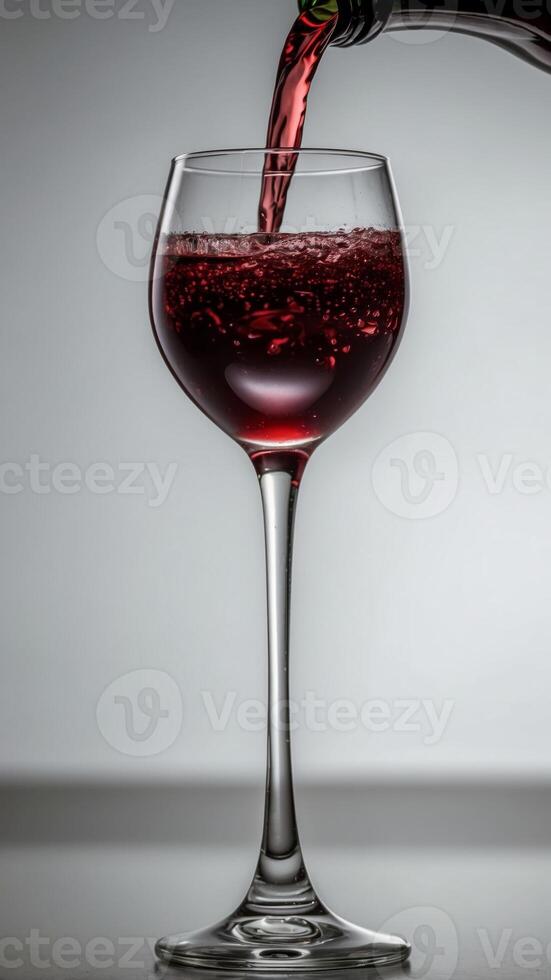 Close up red wine is poured from bottle into glass on white clean background. photo