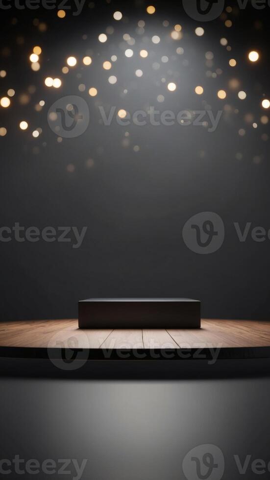 Minimalist empty dark grey display platform with soft lighting. photo