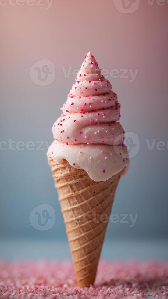 Ice cream cone with pink sprinkles on simple background. photo