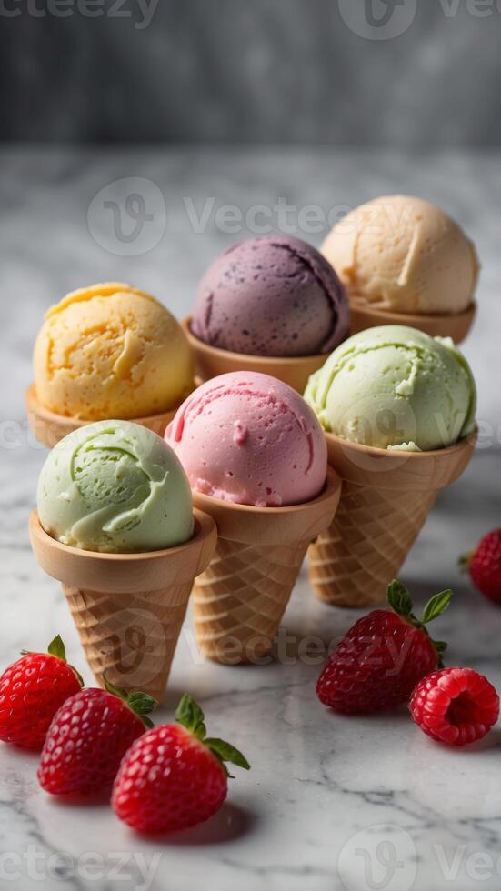 Artfully Arranged Gourmet Ice Cream Scoops on Marble Background with Garnishes. photo