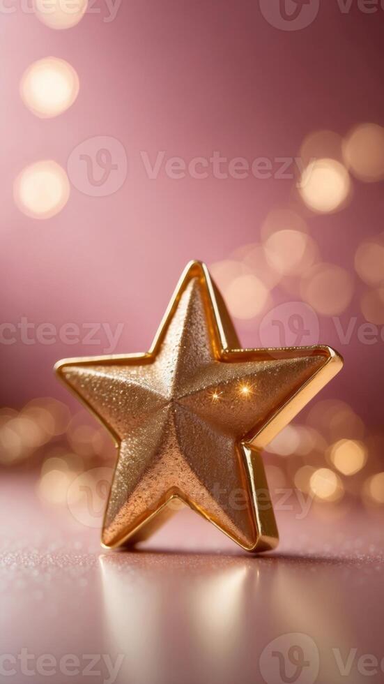 Golden number five and star on pink background. photo