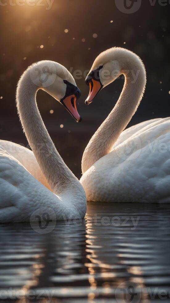 two swans look at each other and form a heart love concept love concept. photo