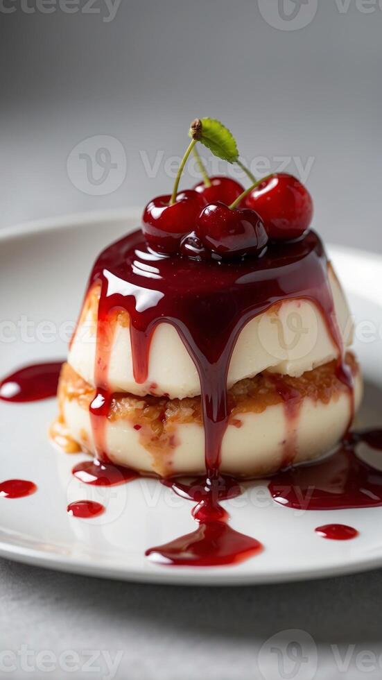 Pudding with cherry sauce dripping with bright red jam on a white plate. photo