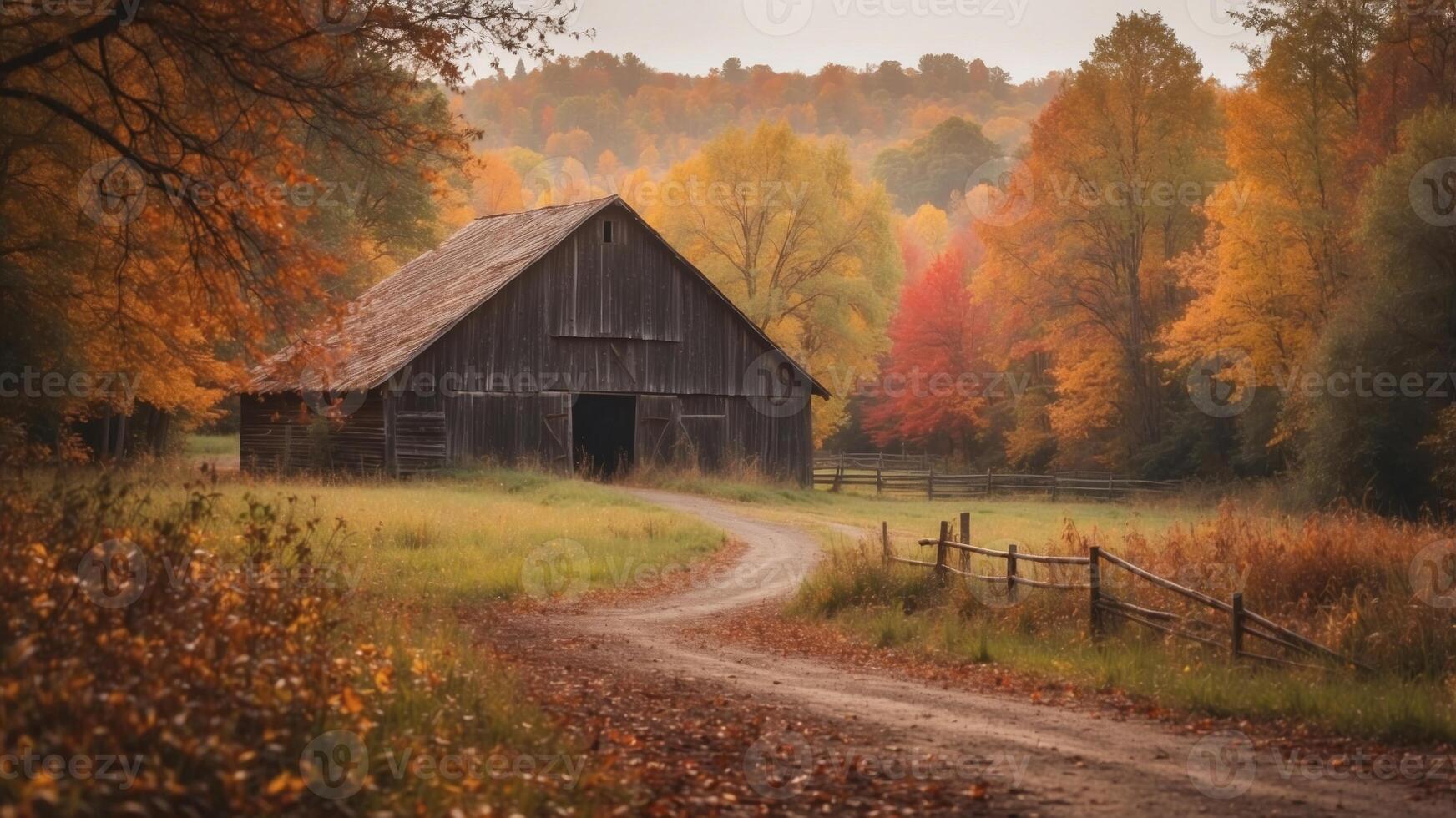 Rustic Autumn Barn Amidst Colorful Foliage Scenic Landscape Nostalgic Countryside Scene. photo