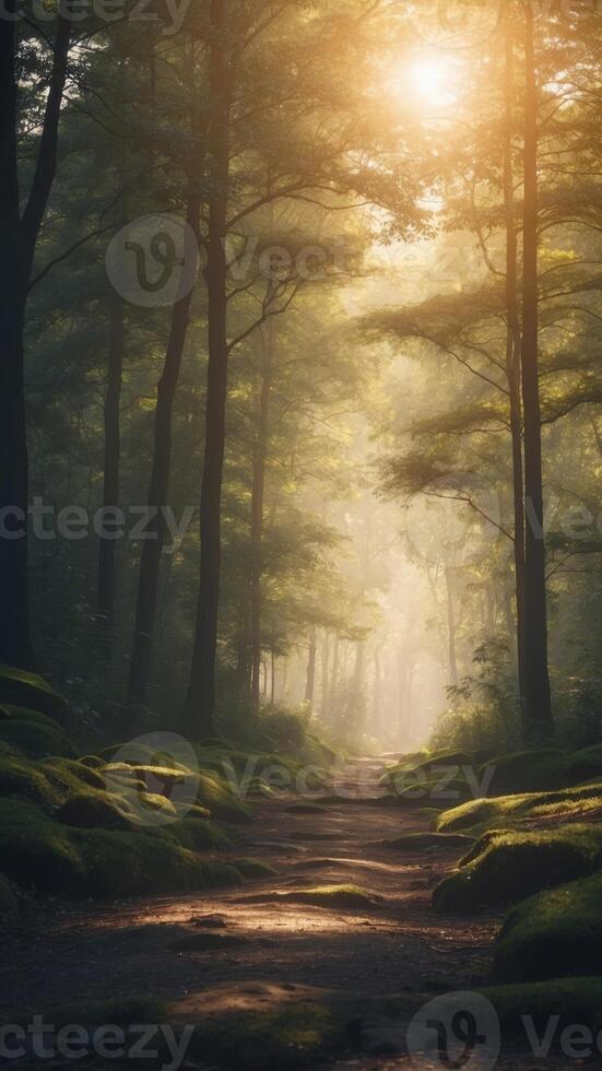 Anime background of light and forest during the day. photo